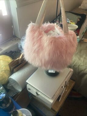 Plush Pink Faux Fur Mini Shoulder Bag with Gold Straps